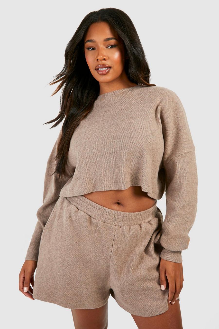 Set corto Plus Size a coste spazzolate & crop top squadrato, Taupe image number 1