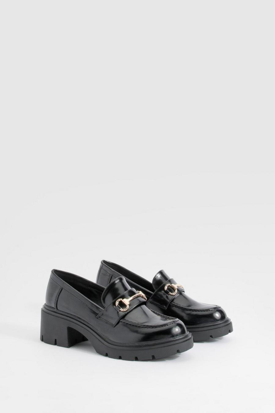 Black T Bar Patent Heeled Chunky Loafers   