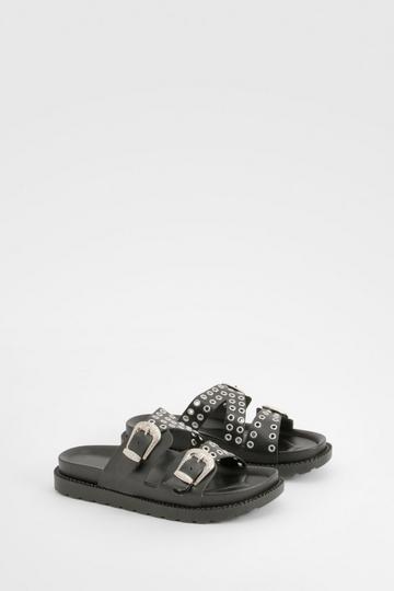 Black Western Buckle Eyelet Chunky Slides