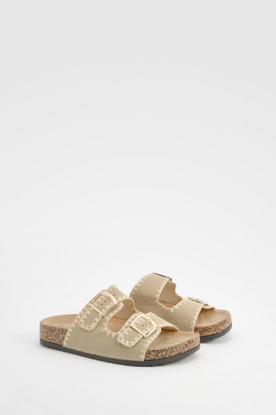 Taupe Contrast Stitch Detail Double Buckle Sliders