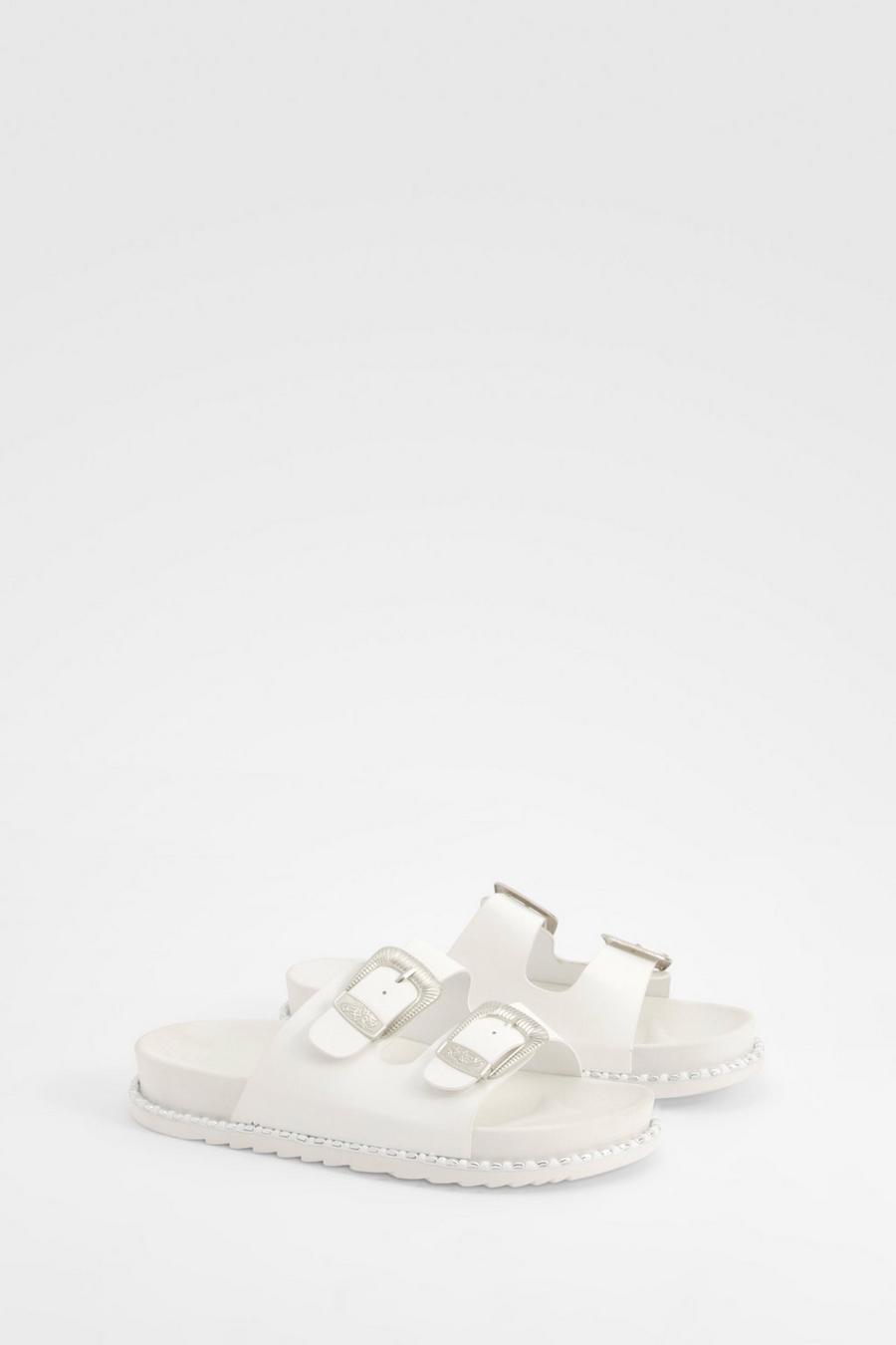 White Western Buckle Studded Chunky Sliders  image number 1