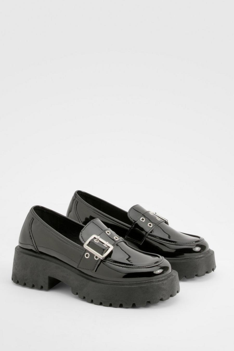 Black Chunky Sole Patent Buckle Loafers  image number 1