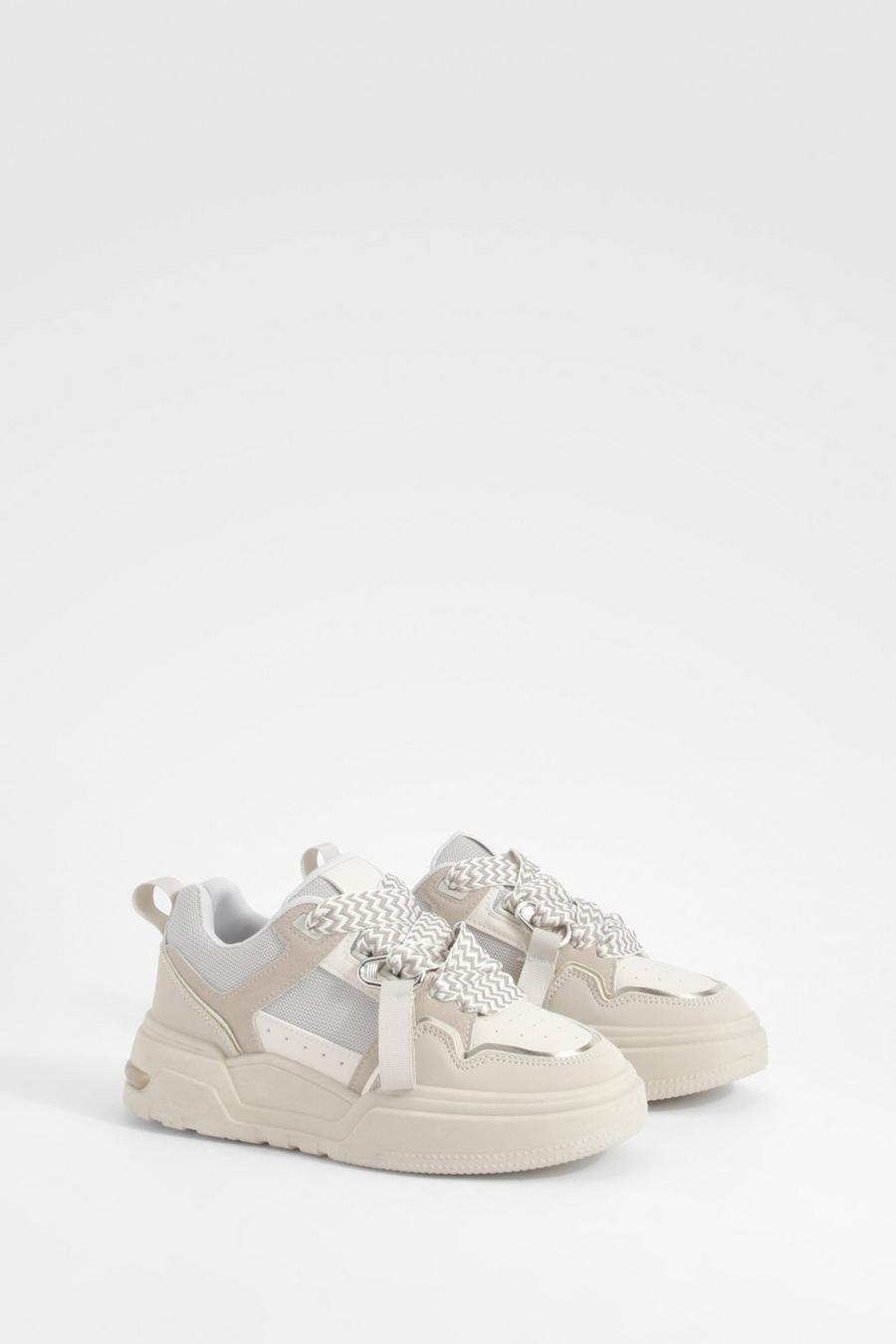Beige Chunky Jumbo Contrast Lace Sneakers image number 1