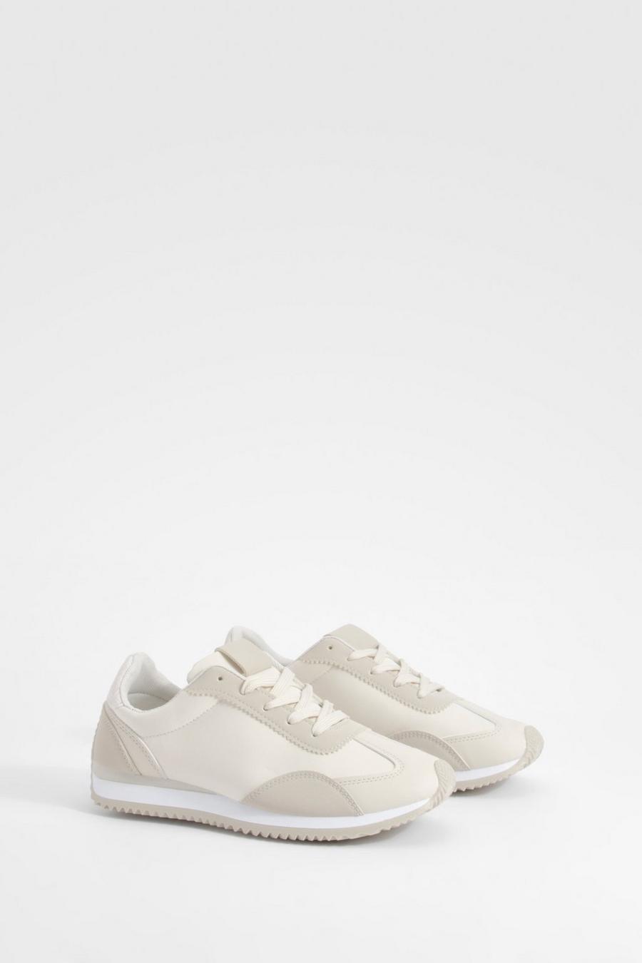 Beige Panel Detail Lace Up Sneakers