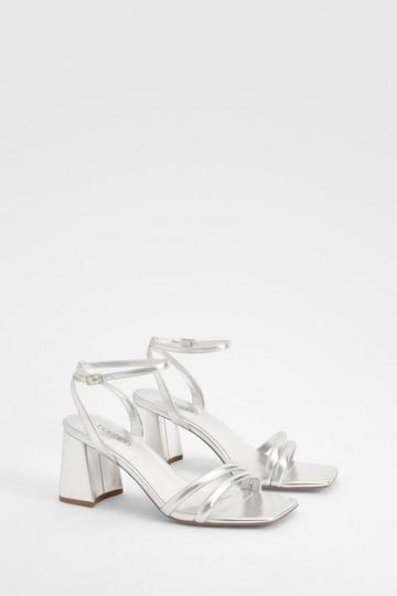 Silver Padded Strap 2 Part Mid Block Heels