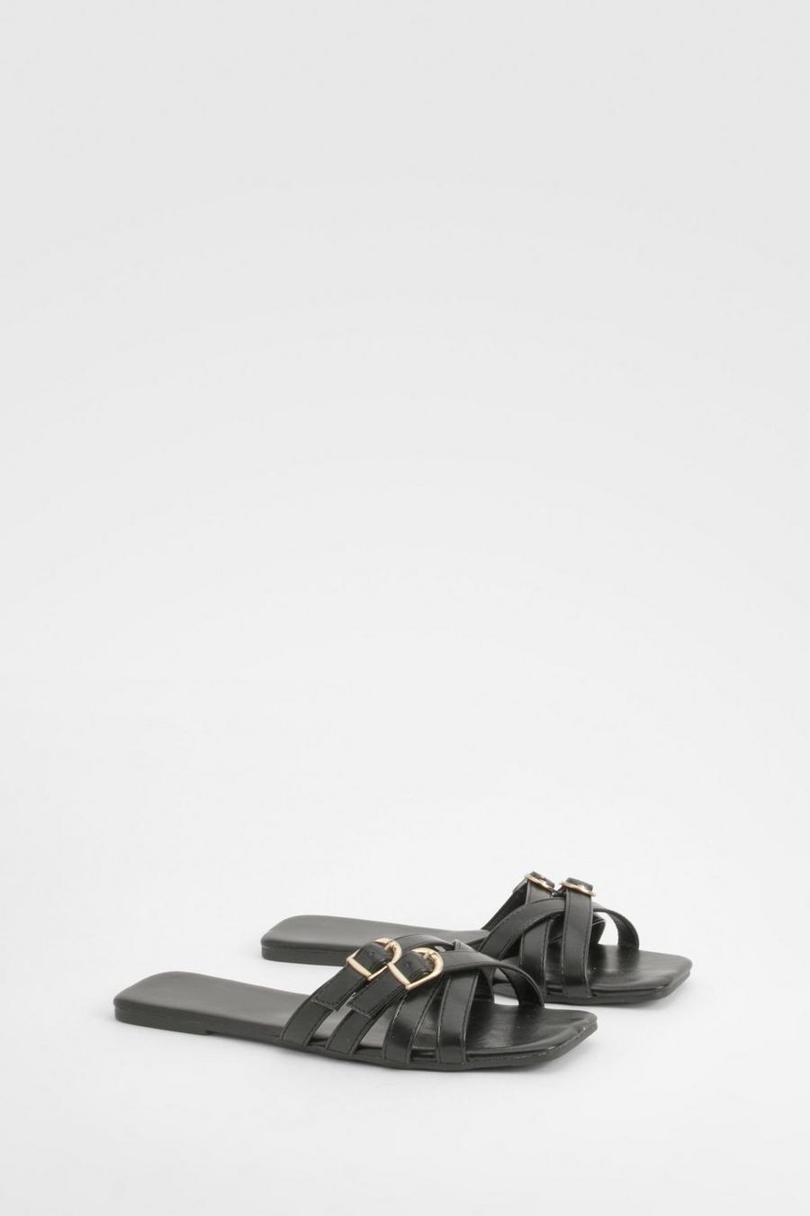 Eckige Mule-Sandalen mit doppelter Schnalle, Black