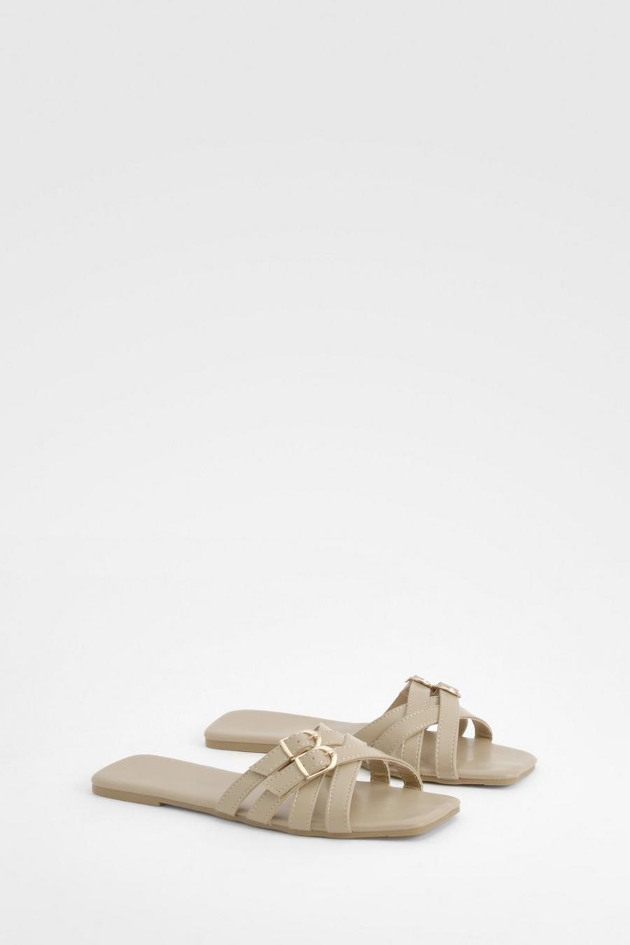 Nude Square Toe Double Buckle Mule Sandals  image number 1