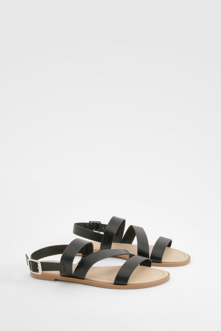 Black Wide Width Asymmetric Basic Flat Sandals image number 1