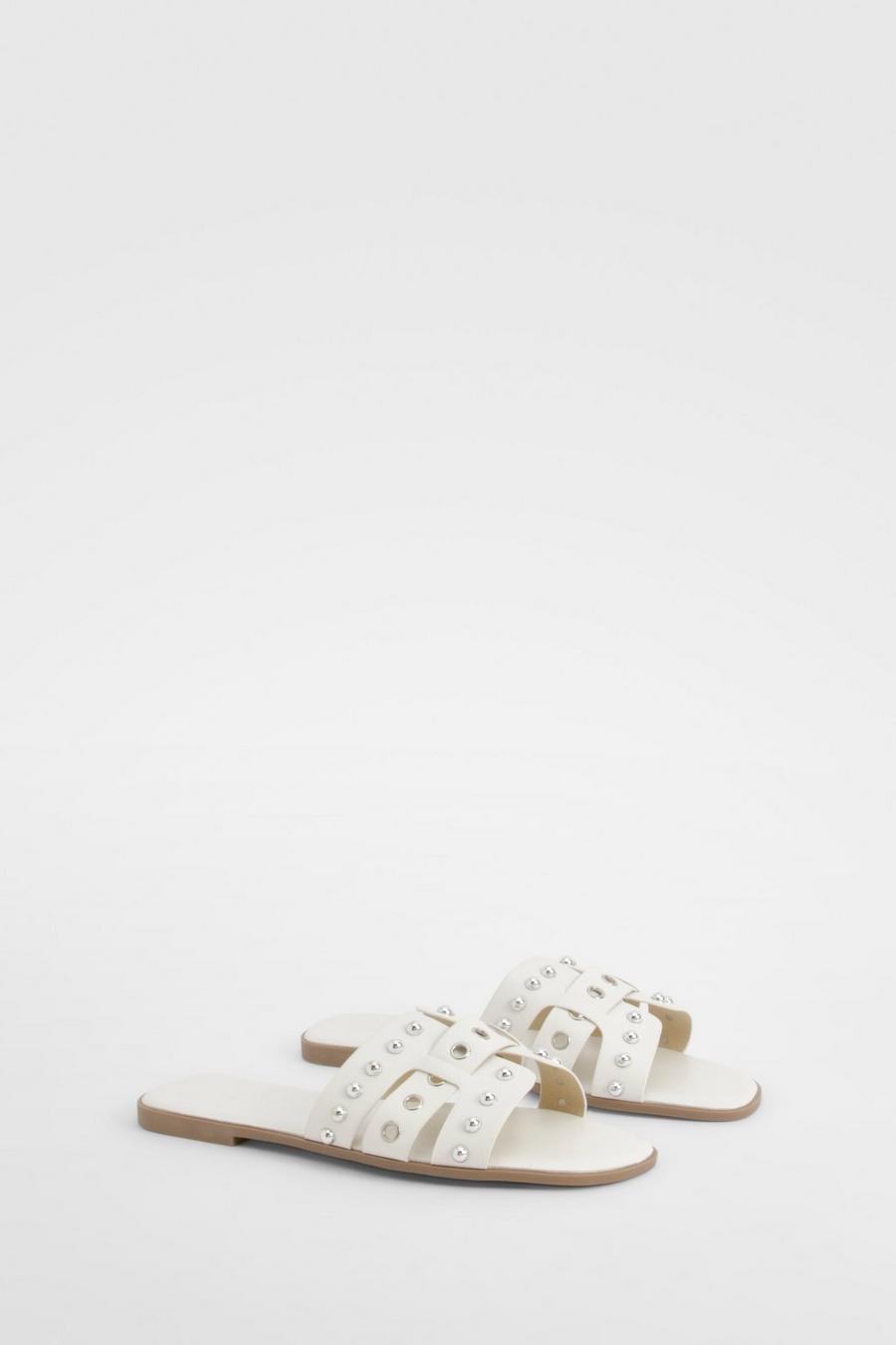 White Wide Width Studded Woven Sandals image number 1