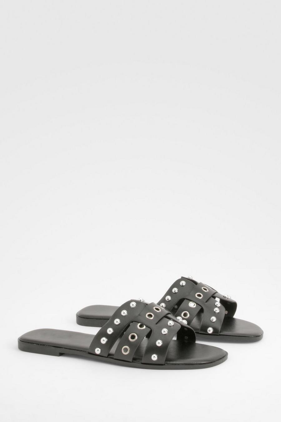 Sandalias de tela de holgura ancha con tachuelas, Black image number 1