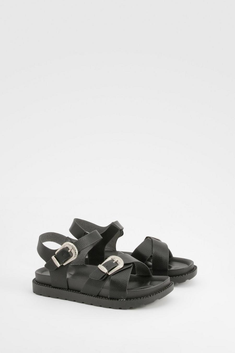 Black Wide Fit Western Buckle Chunky Sandals image number 1
