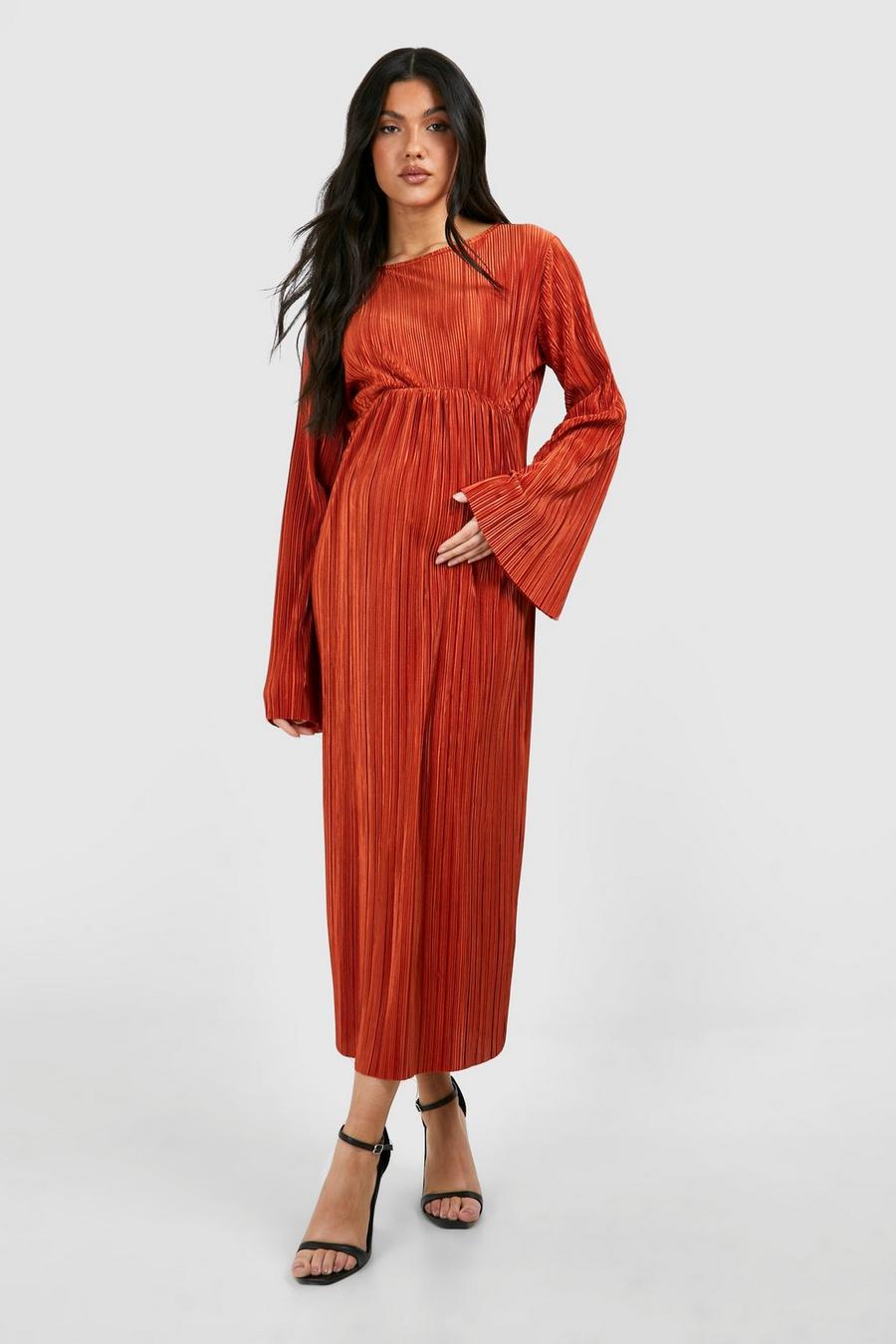 Rust Maternity Plisse Batwing Midi Dress