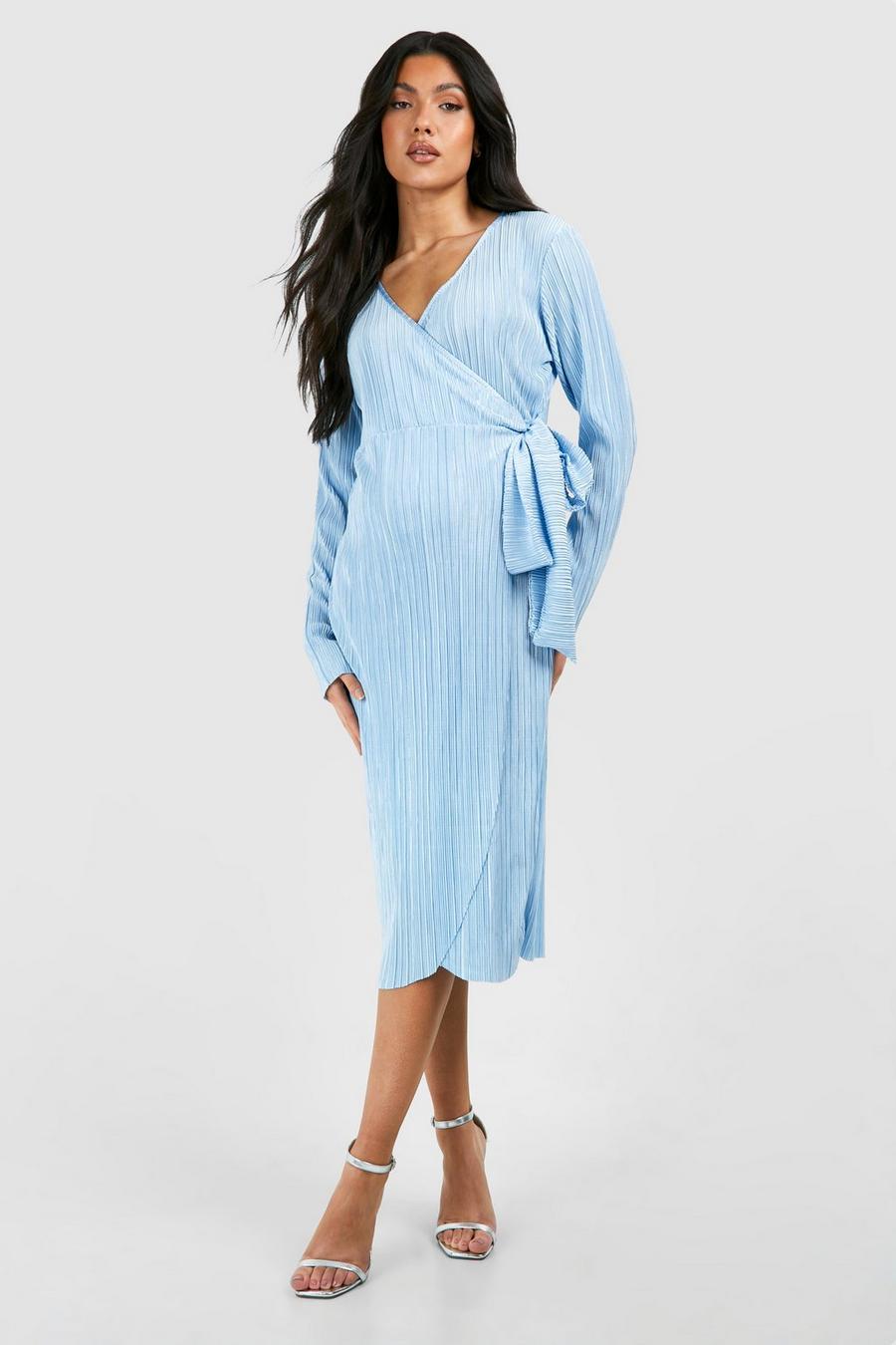 Light blue Maternity Plisse Wrap Belted Midi Dress image number 1