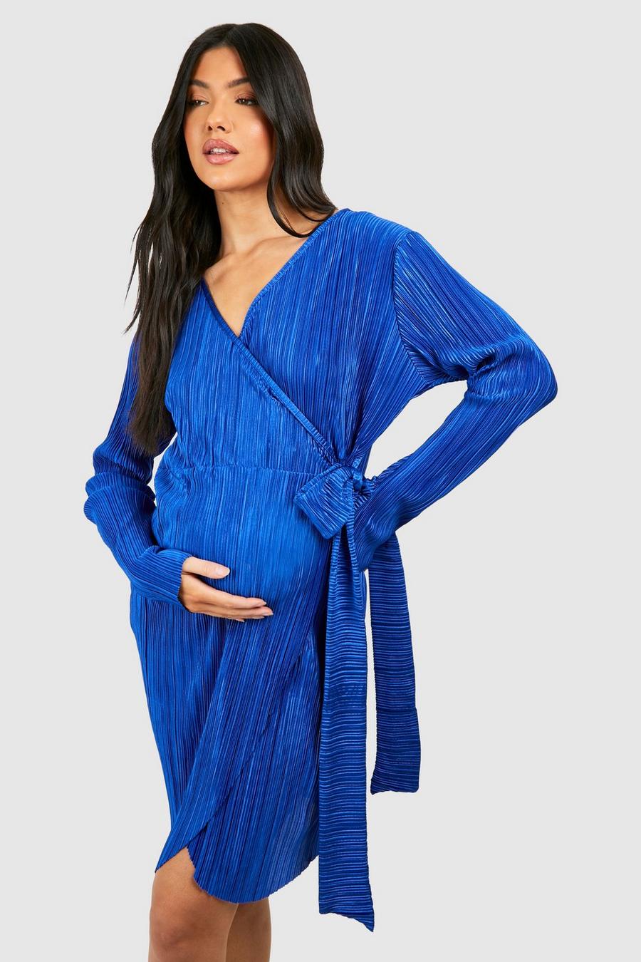 Dark blue Maternity Plisse Wrap Belted Mini Dress image number 1
