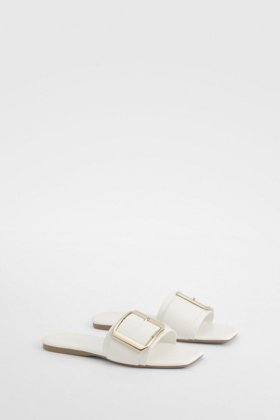 White Wide Width Oversized Buckle Mule Sandals