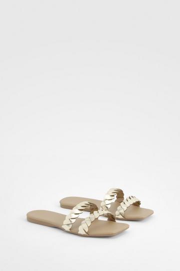 Gold Metallic Wide Fit Double Plait Mule Sandals