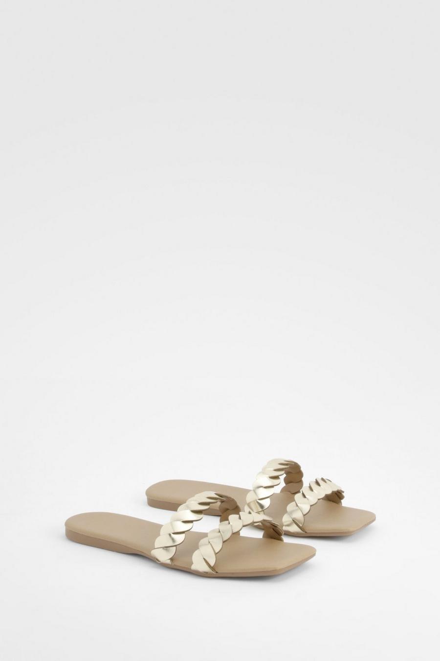 Gold Wide Fit Double Plait Mule Sandals  image number 1