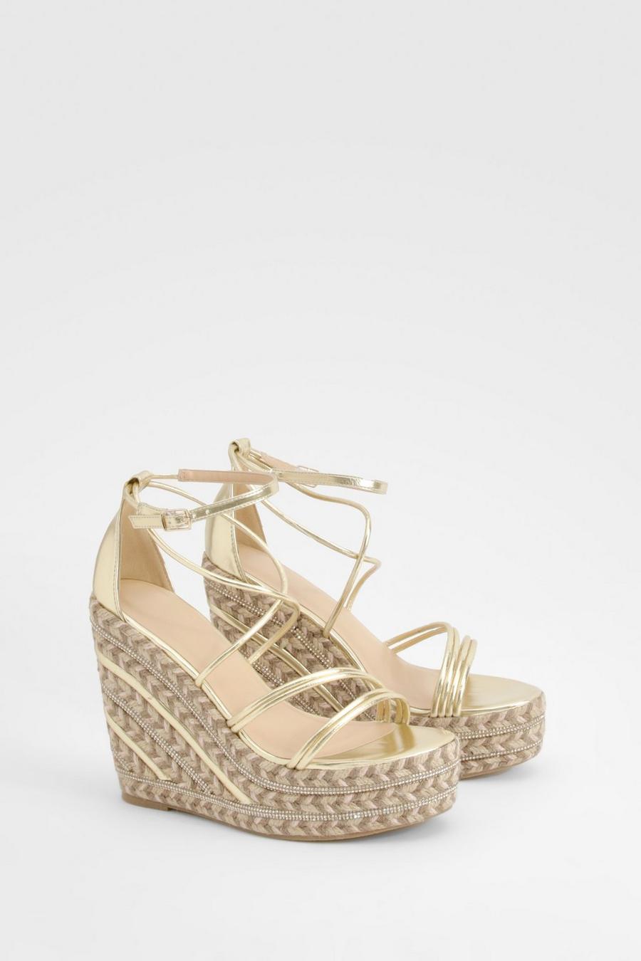 Gold Metallic Strappy Detail Wedges image number 1