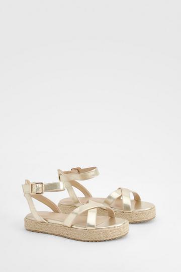 Gold Metallic Cross Over Flatform Espadrille Sandals