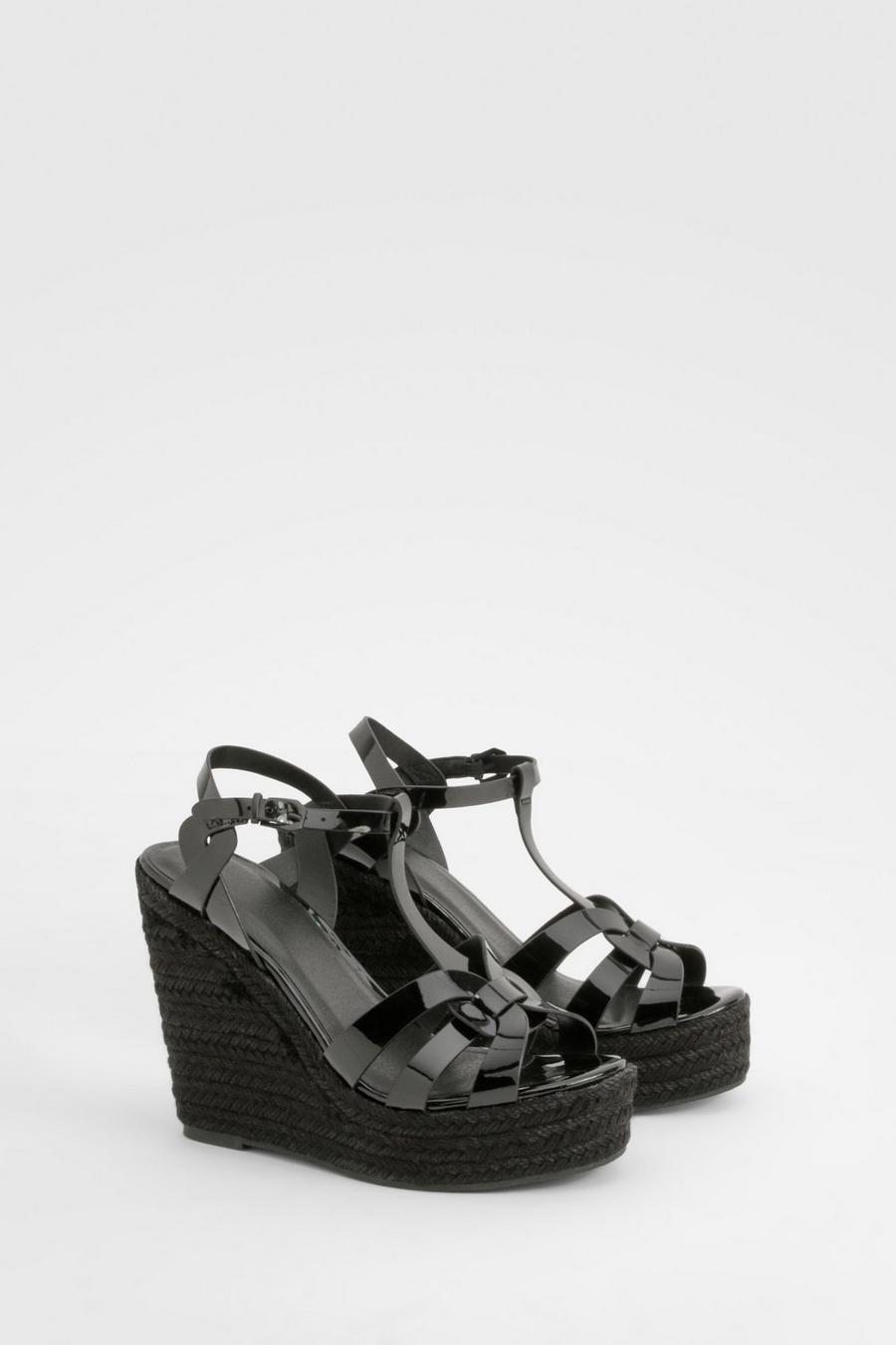 Black Strappy Front Patent Wedges