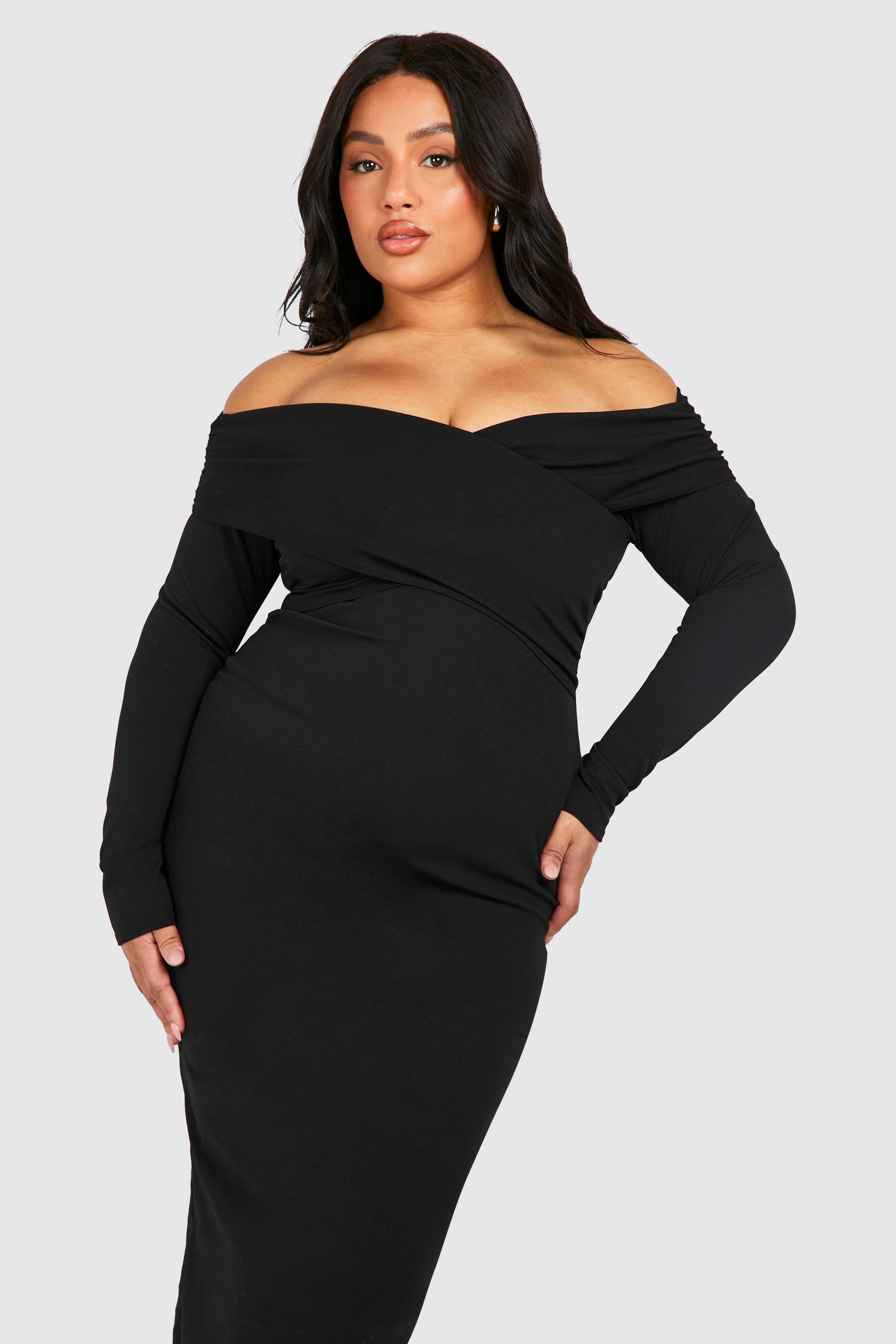 Grande taille Robe mi longue froncee a col bateau