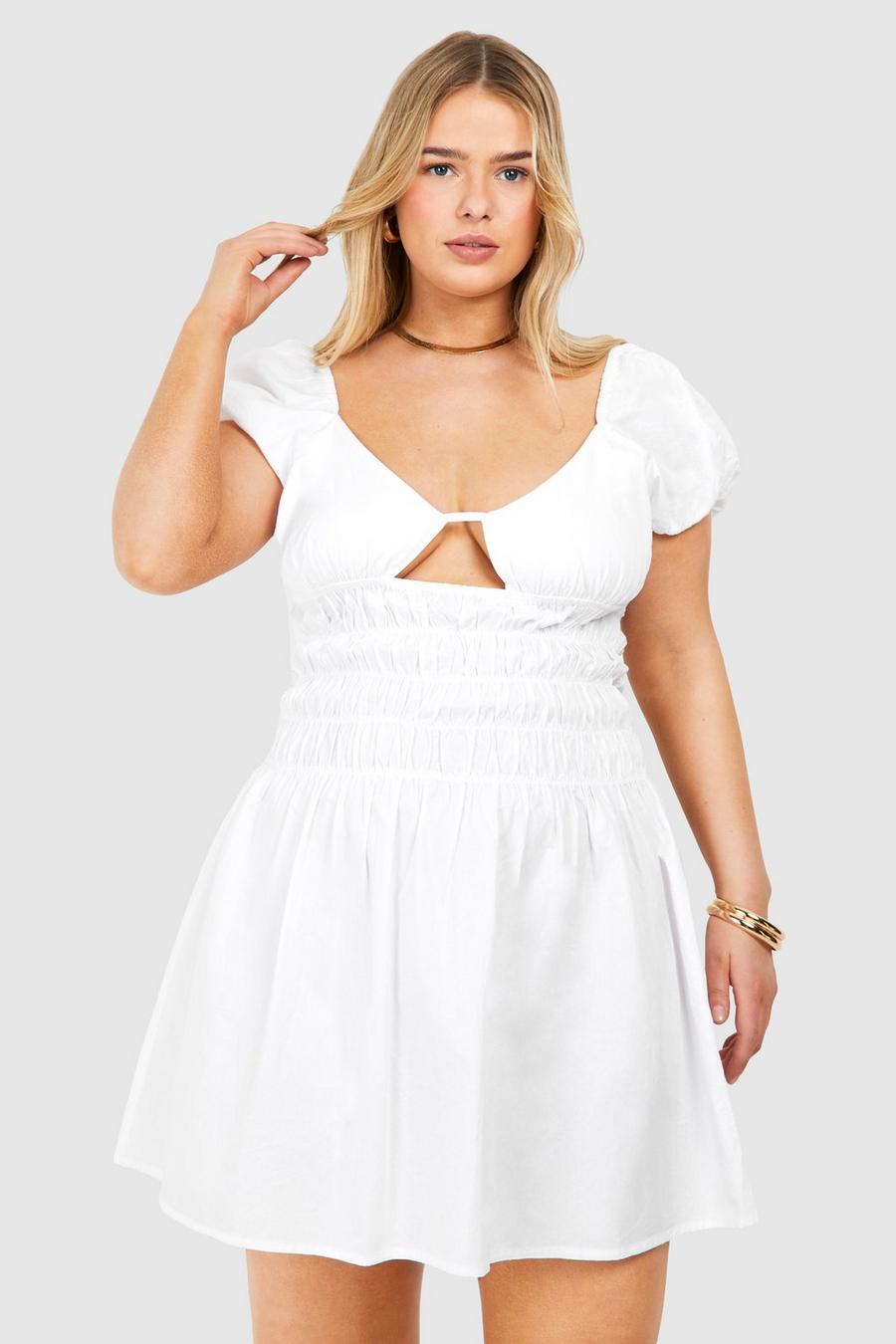 Ivory Plus Puff Sleeve Cut Out Smock Dress