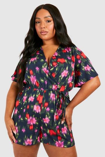 Plus Floral Print Angel Sleeve Flippy Playsuit black