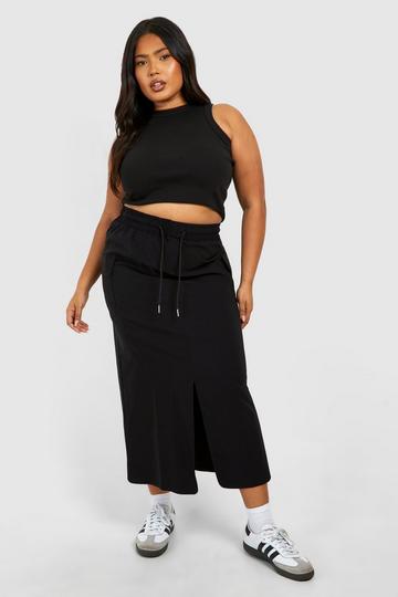 Black Plus Drawstring Cargo Midi Skirt