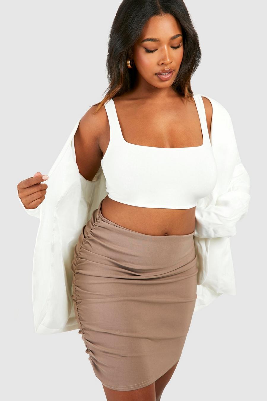 Taupe Plus Bengaline Ruched Detail Mini Skirt image number 1