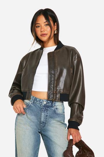 Brown Vintage Look Faux Leather Cropped Bomber Jacket