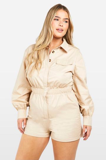 Stone Beige Plus Utility Long Sleeved Romper