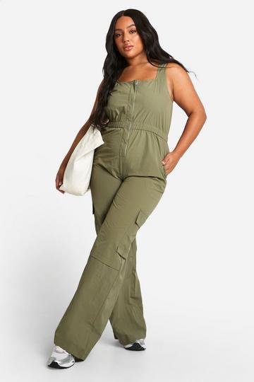 Plus Geweven Cargo Utility Jumpsuit Met Lage Ronde Hals khaki