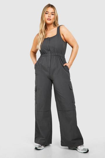 Plus Geweven Cargo Utility Jumpsuit Met Lage Ronde Hals charcoal