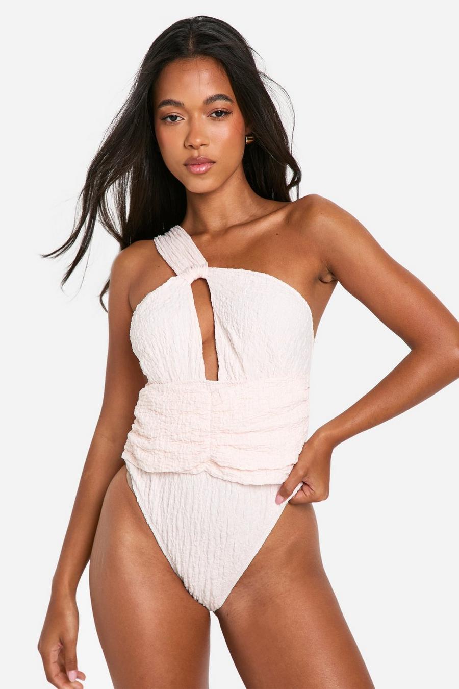 Ivory Textured One Shoulder Cut Out Swimsuit image number 1