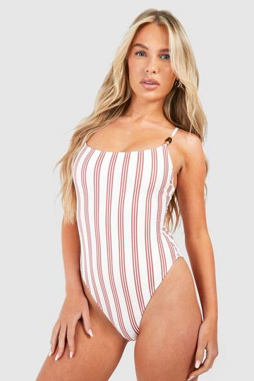 Stripe Print Strap Detail Swimsuit cream