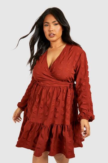 Plus Textured Wrap Mini Smock Dress rust