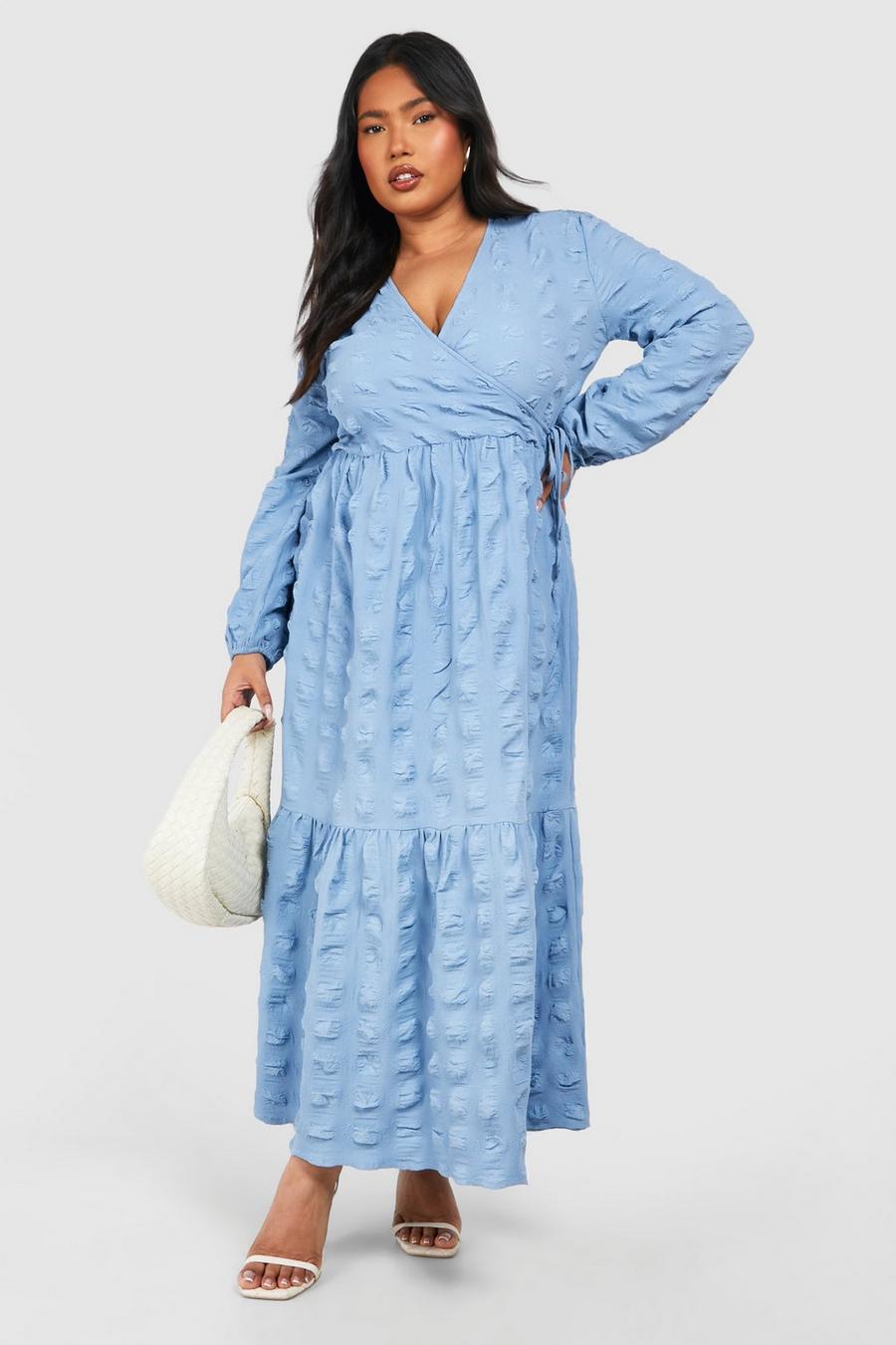 Blue Plus Textured Wrap Midi Smock Dress image number 1