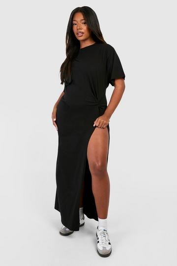 Black Plus Knot Detail High Split T-shirt Dress