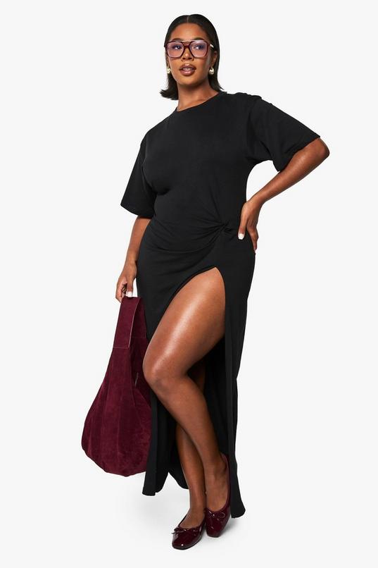 Plus Knot Detail High Split T-shirt Dress | boohoo USA Plus Knot Detail High Split T-shirt Dress | boohoo USA