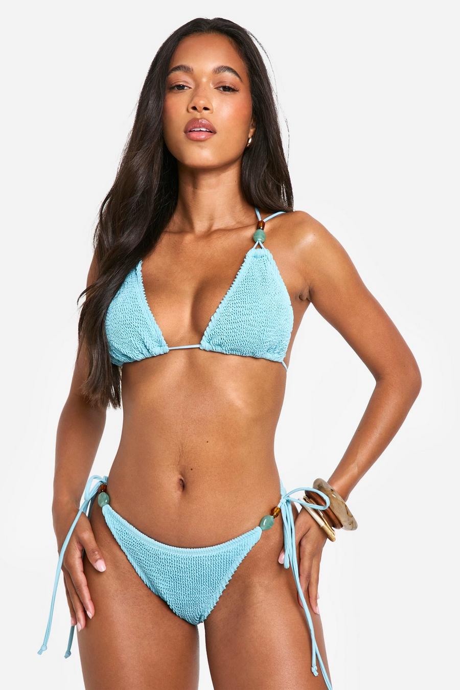Top bikini a triangolo effetto goffrato con finiture in pietra, Jade blue image number 1