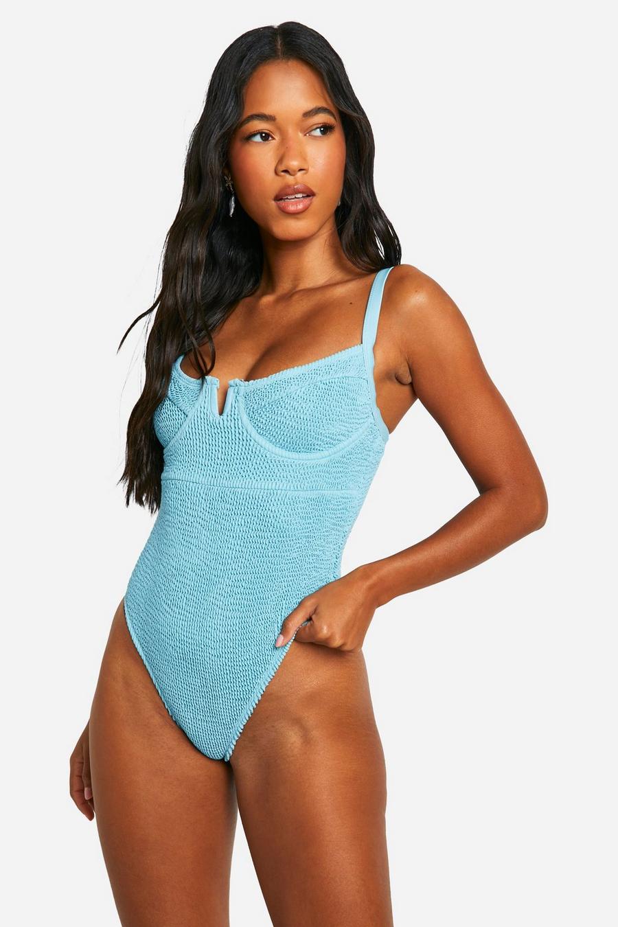 Jade blue Crinkle Underwired Swimsuit image number 1