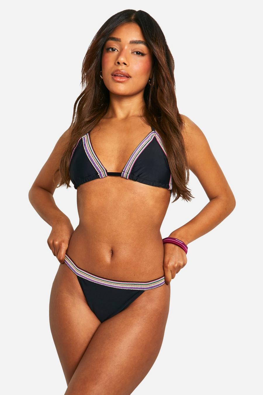 Bikini à rayures avec haut bandeau et bas taille haute, Black image number 1