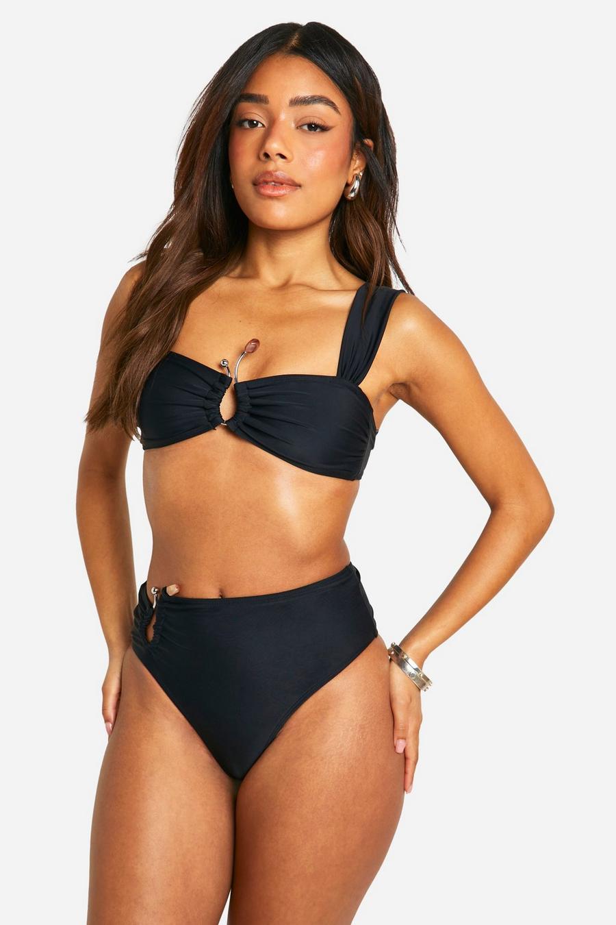 Slip bikini a vita alta con finiture color pietra, Black image number 1