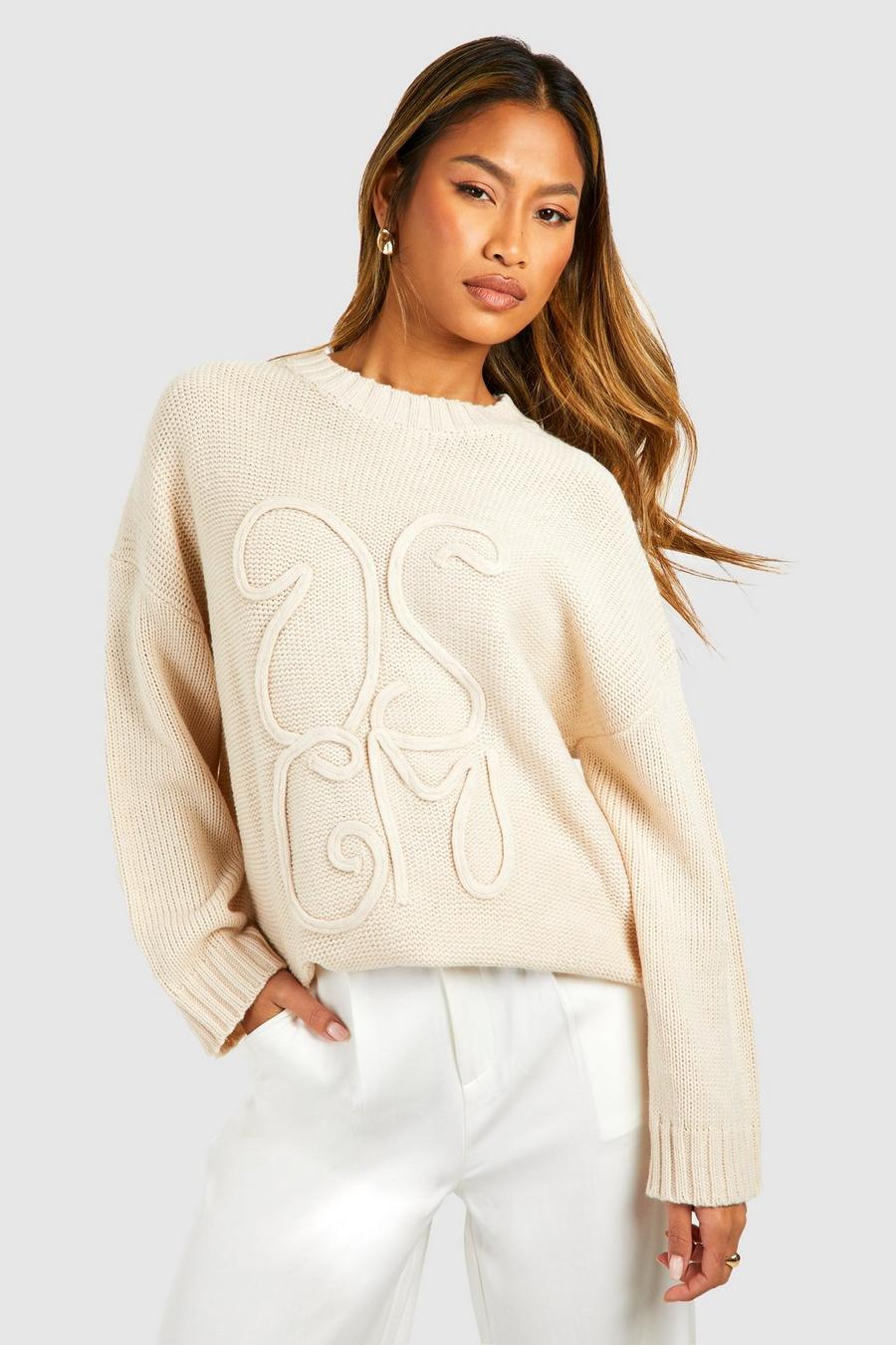 Ecru Embossed Graphic Sweater image number 1