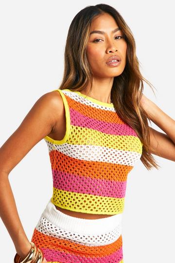 Stripe Crochet High Neck Crop Top pink