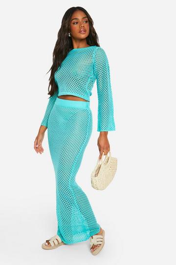 Turquoise Blauw Gebreide Gehaakte Crop Top En Maxi Rok Set