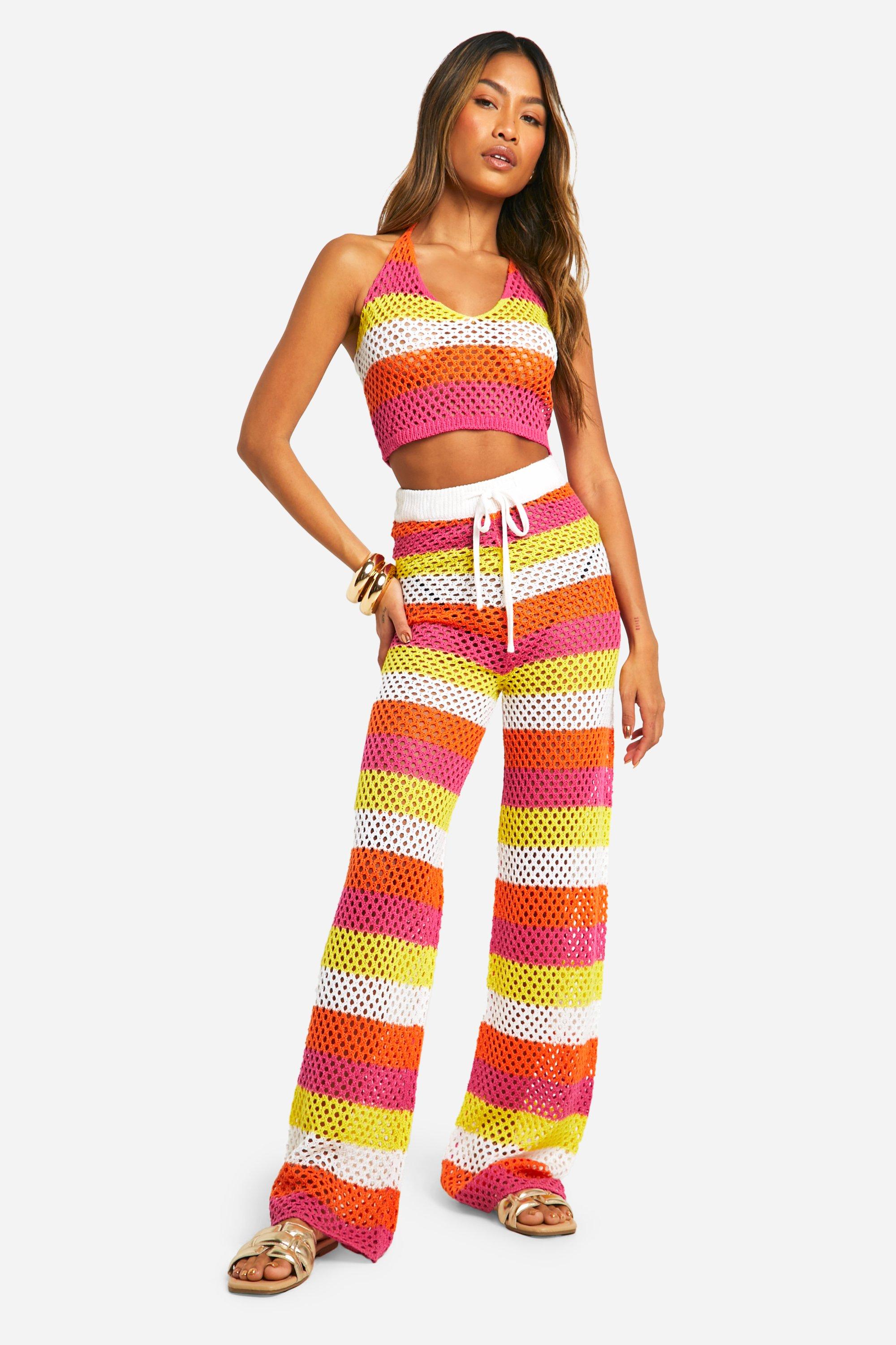 Stripe Crochet Bralette And Wide Leg Pants Knitted Set