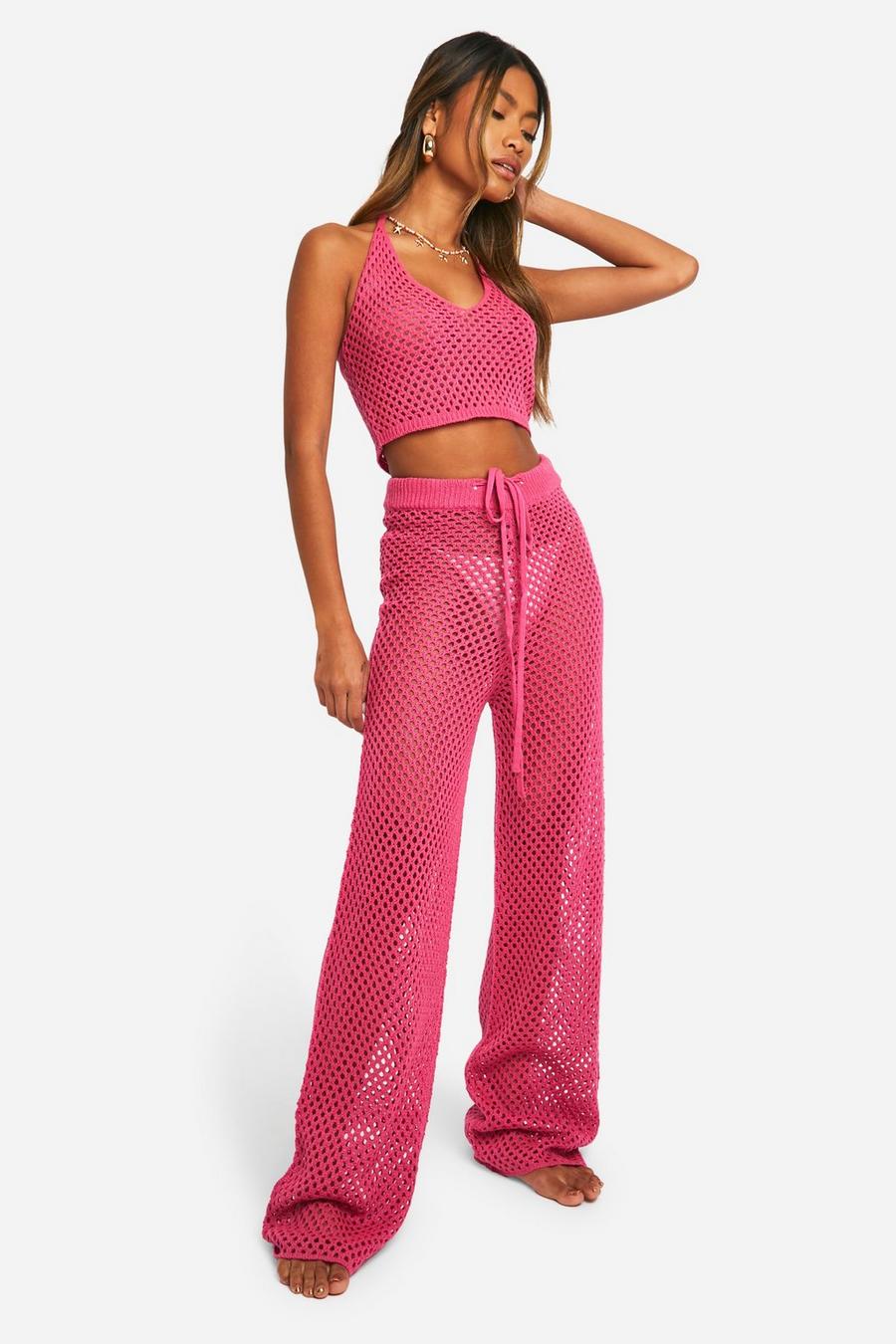 Hot pink Crochet Bralet And Wide Leg Trouser Knitted Set