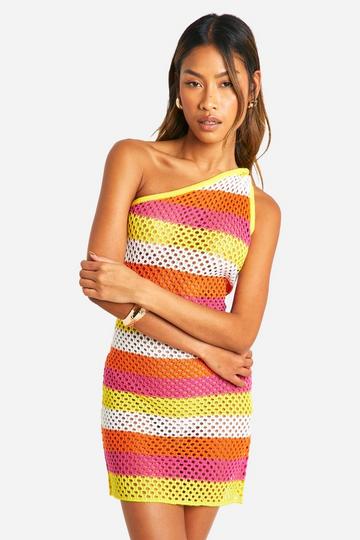 Pink Stripe Twist One Shoulder Crochet Knitted Mini Dress