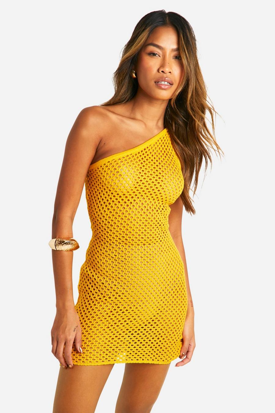 Yellow Twist One Shoulder Crochet Knitted Mini Dress image number 1